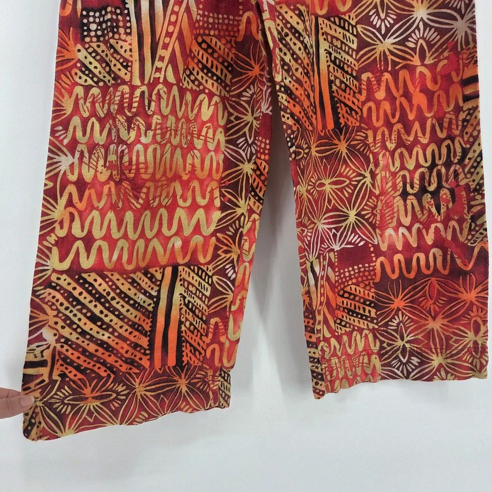 Vintage Chico's Linen Pants Size 1 Red Orange Abstract Boho Art Wide Leg